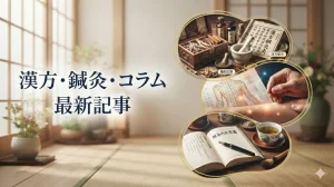 漢方薬・鍼灸の道具と東洋医学のコラム本が並ぶ、ブログ最新記事スライダー用のイメージ画像