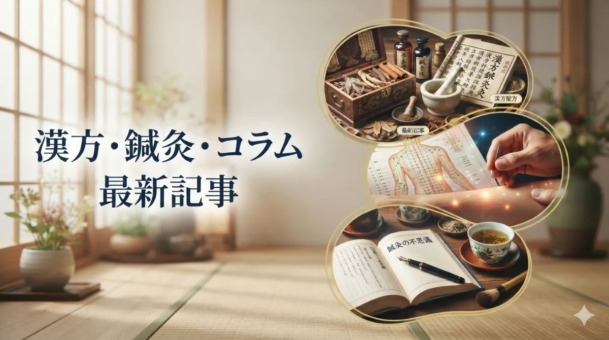 漢方薬・鍼灸の道具と東洋医学のコラム本が並ぶ、ブログ最新記事スライダー用のイメージ画像