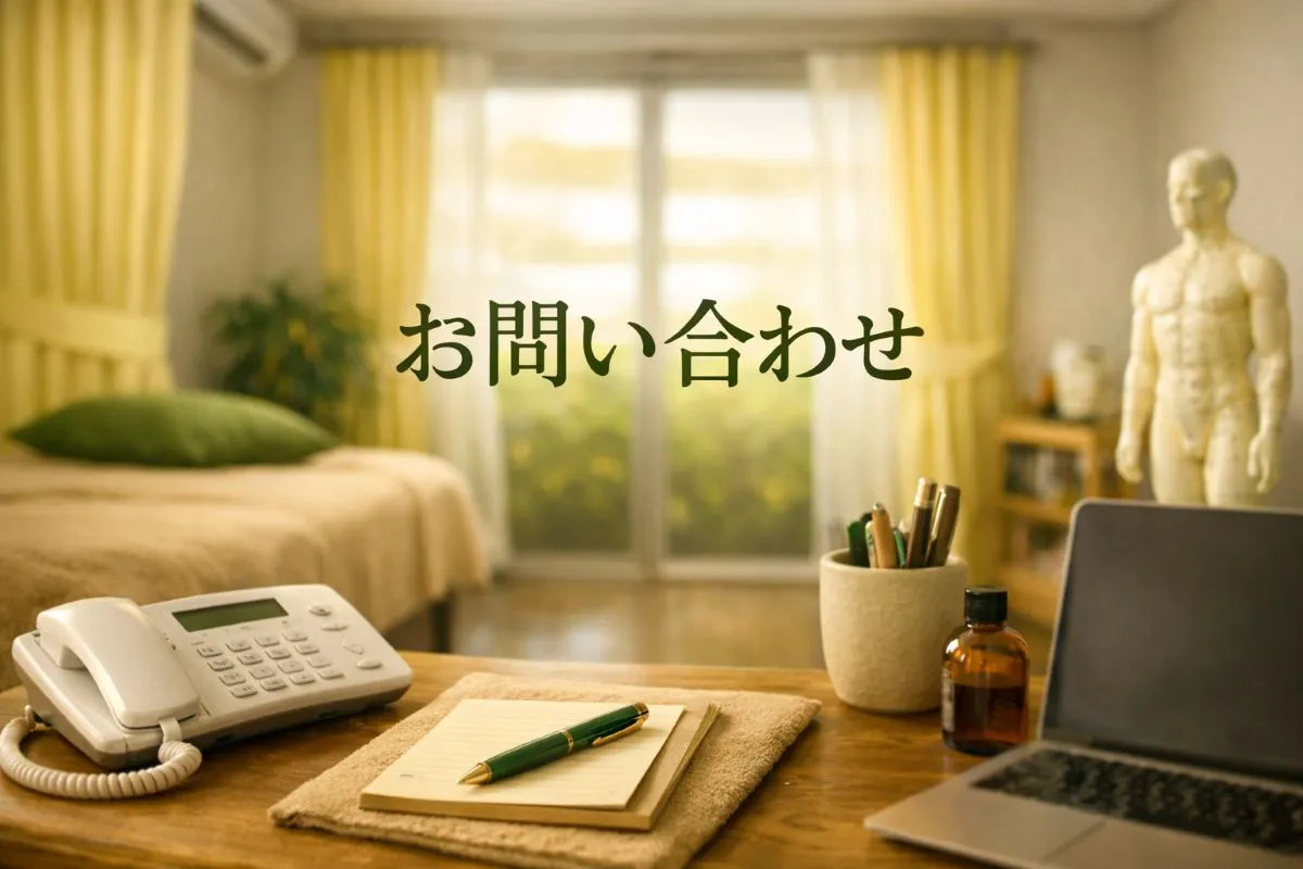 電話・ノート・パソコンが置かれた机と施術室の背景に「お問い合わせ」の文字が入ったアイキャッチ画像