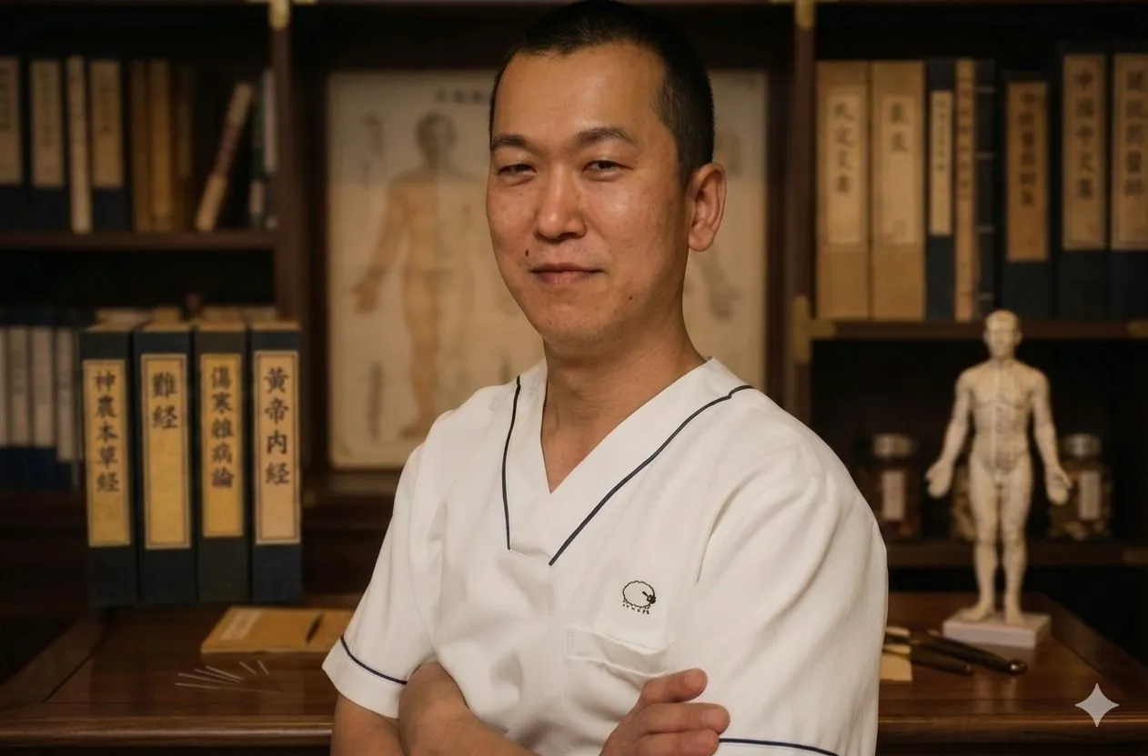 白衣を着て腕を組み微笑む鍼灸師のプロフィール写真。背景には木製の本棚、東洋医学の古書、経穴人形が並ぶ。