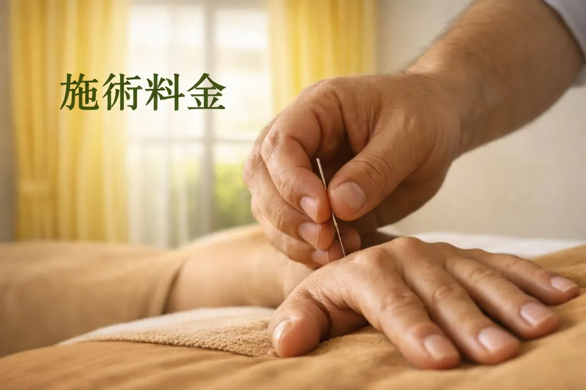 男性鍼灸師が患者の手に鍼を打つ様子と「施術料金」の文字が入ったアイキャッチ画像